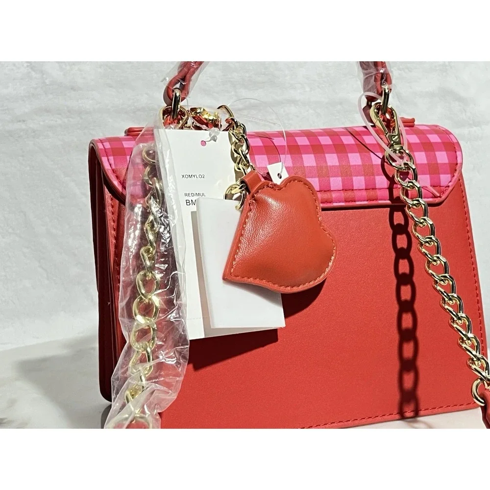 Betsey Johnson Pink & Red Checkered Satchel Queen of Hearts Charm- NWT